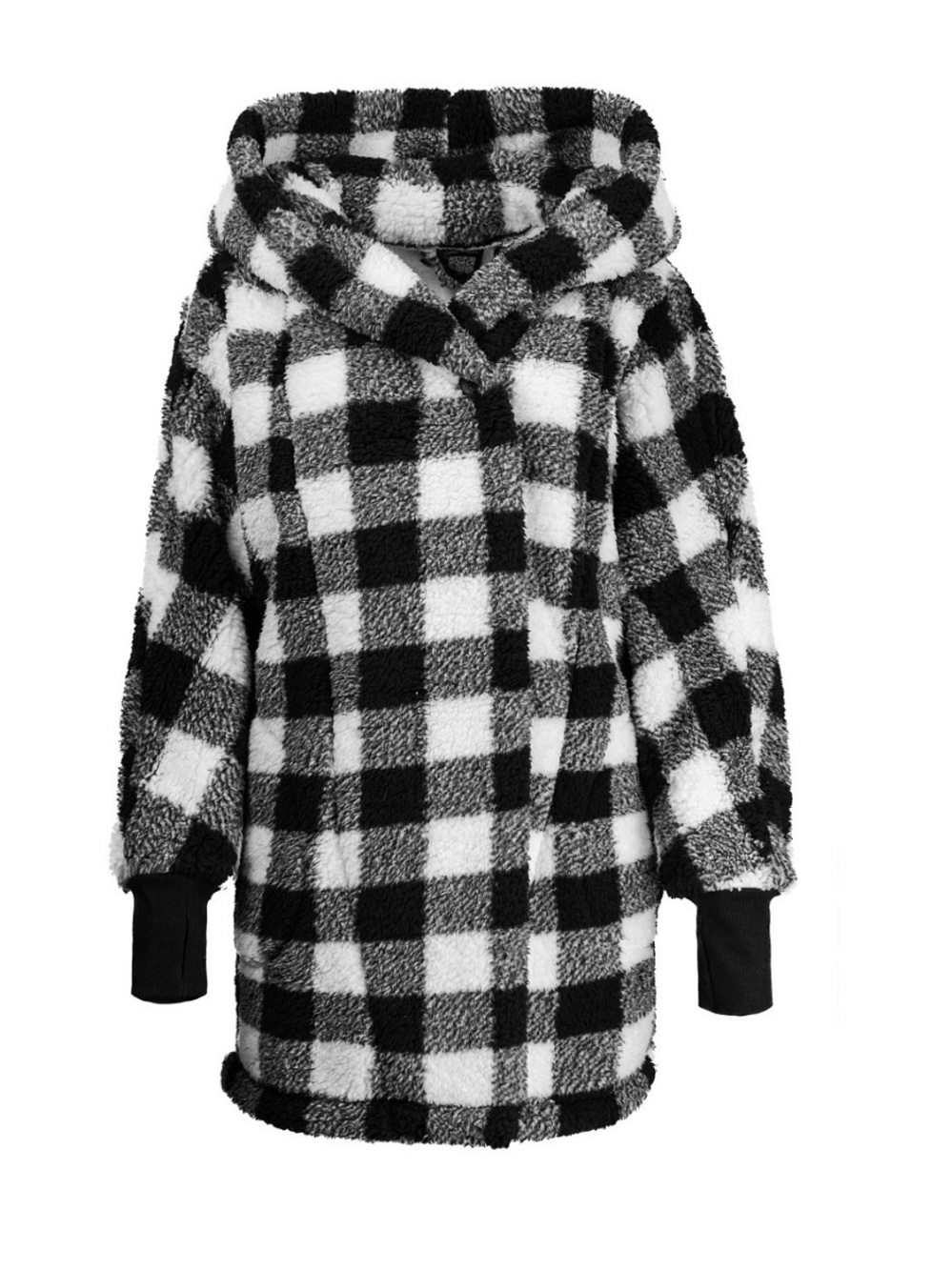 Plush Hooded Sherpa Jacket in Black & White Buffalo Check